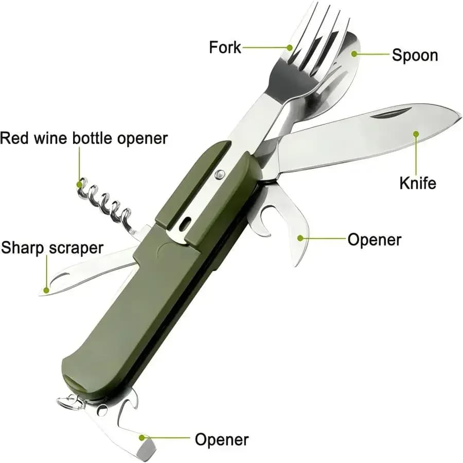 Camping Gear 5-in-1 Stainless Steel Travel Set, Multifunctional Folding Outdoor Utensils