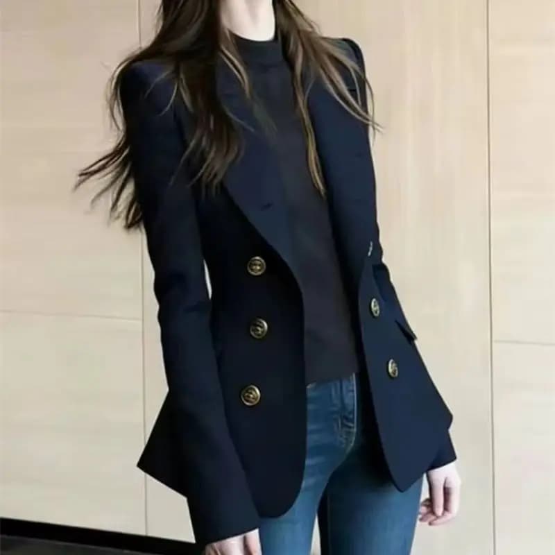 Navy Blue Double-Row Slim Fit Blazer