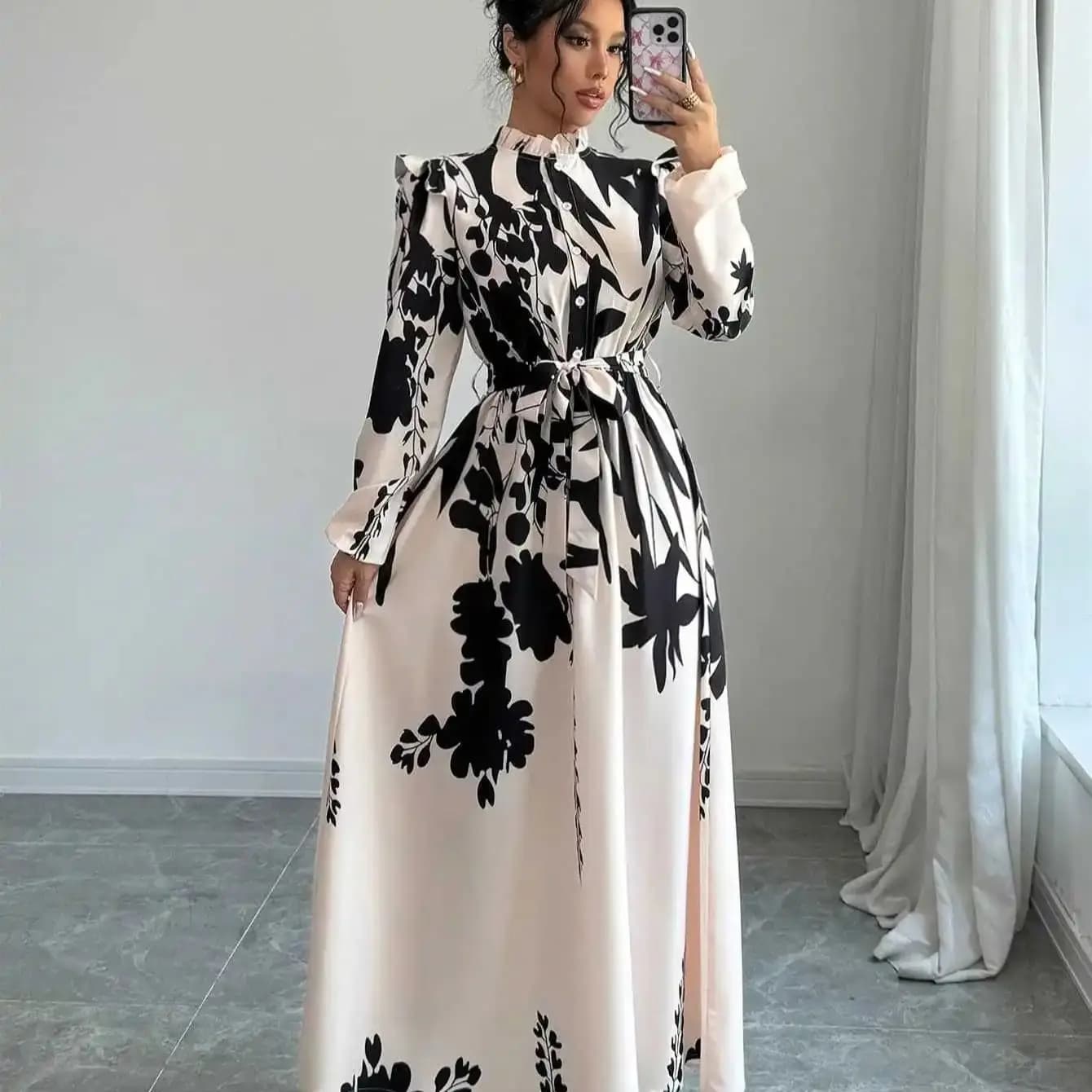 Black and White Floral Long Sleeve Ruffled A-Line Dress