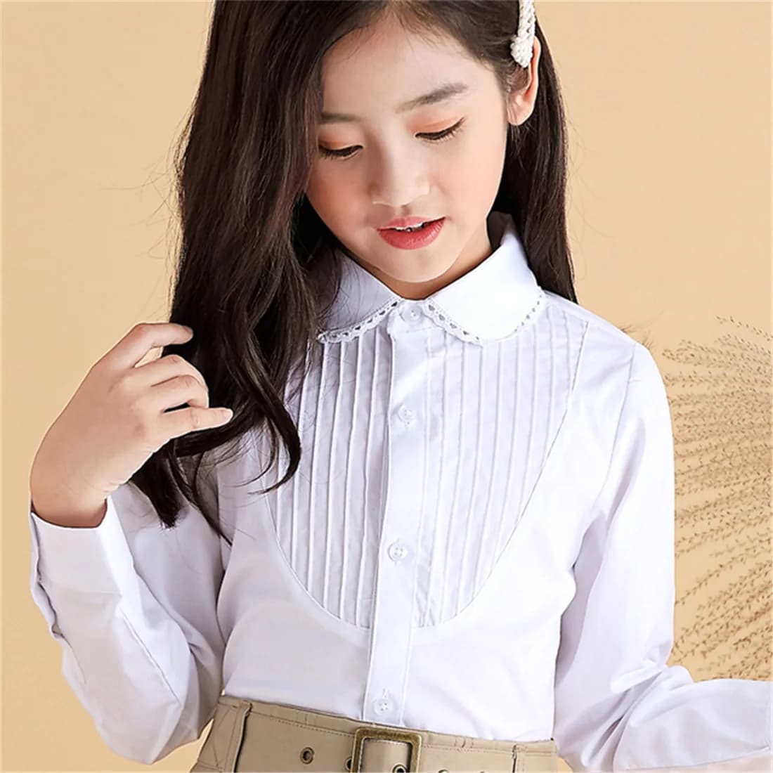 Girls White Long Sleeve School Uniform Cotton Blouse