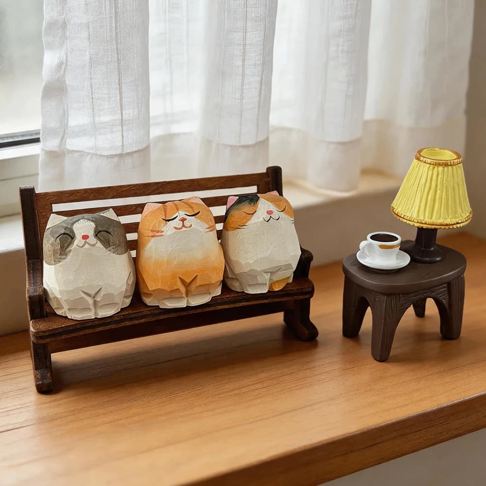 Hand Carved Wooden Cat Figurines Cute Kitten Statue with Mini Bench Home Orange Calico Cat Ragdoll Cat Desktop Ornament Gift