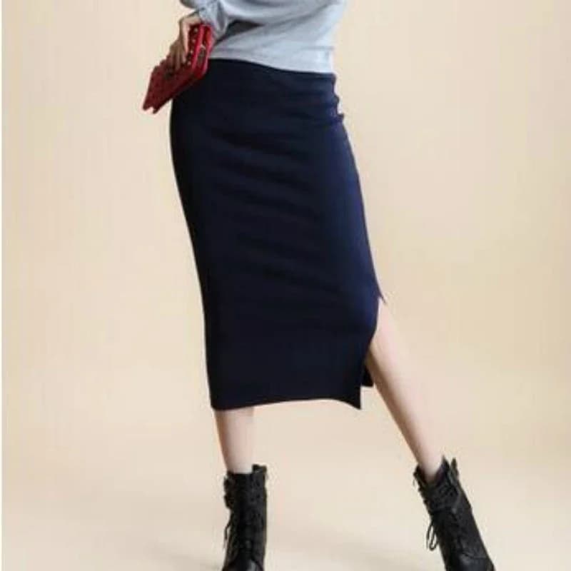 Women's Black Pencil Skirt Wool Rib Knit