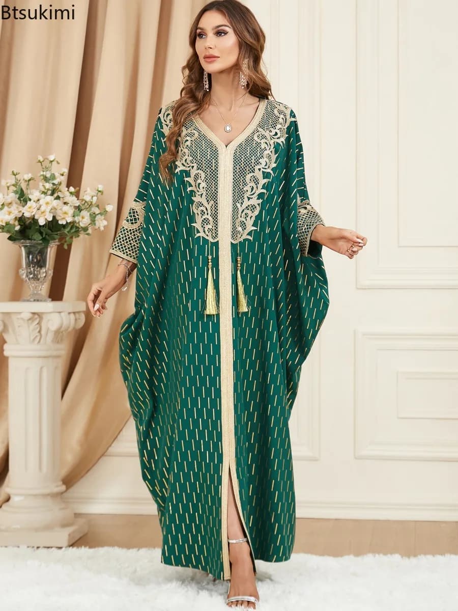 Muslim Dresses Women Elegant Long Robe Middle East Dubai Loose Abaya Bat Sleeve V-neck Tassel Evening Dress Femme Party Vestidos