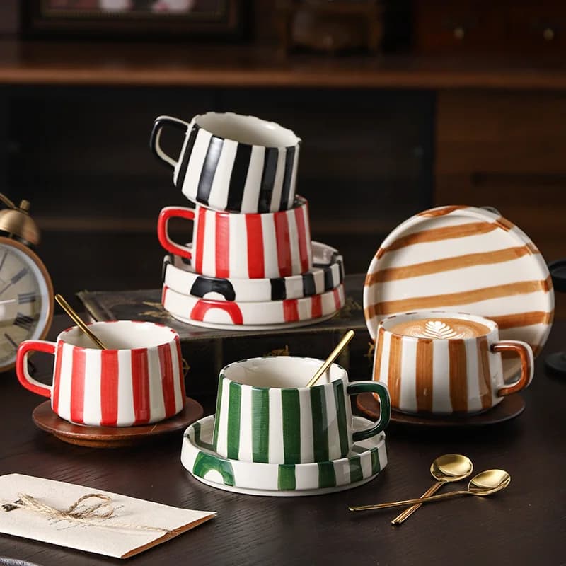Hand-Painted Striped Ceramic Mug Set