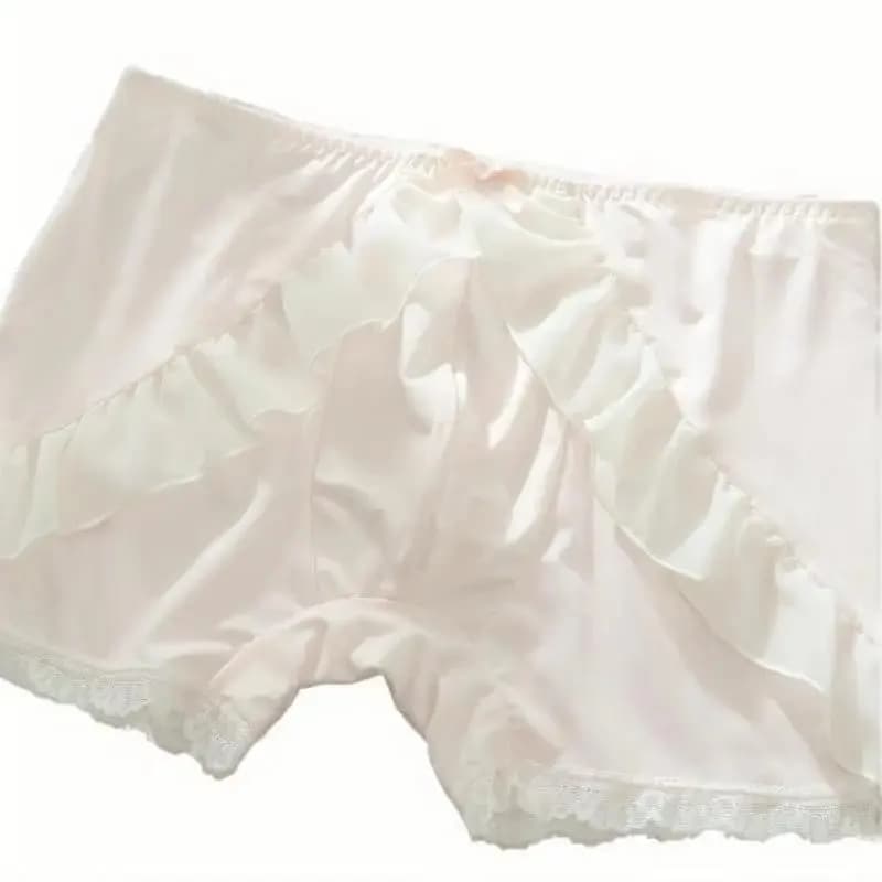 Men's Boxer Briefs Sexy Ruffle Lace Trim Satin Underwear With Bow Decor Soft Breathable Mid Rise Boxers