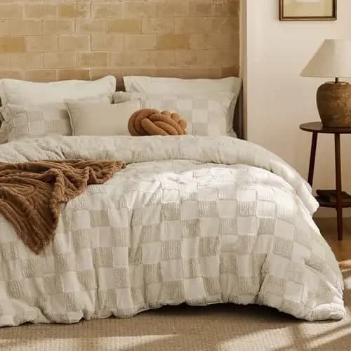 California King Size Comforter Set Beige, Boho Tufted Bed Set, Checkered Farmhouse-Style Distressed Vintage Bedding, 3