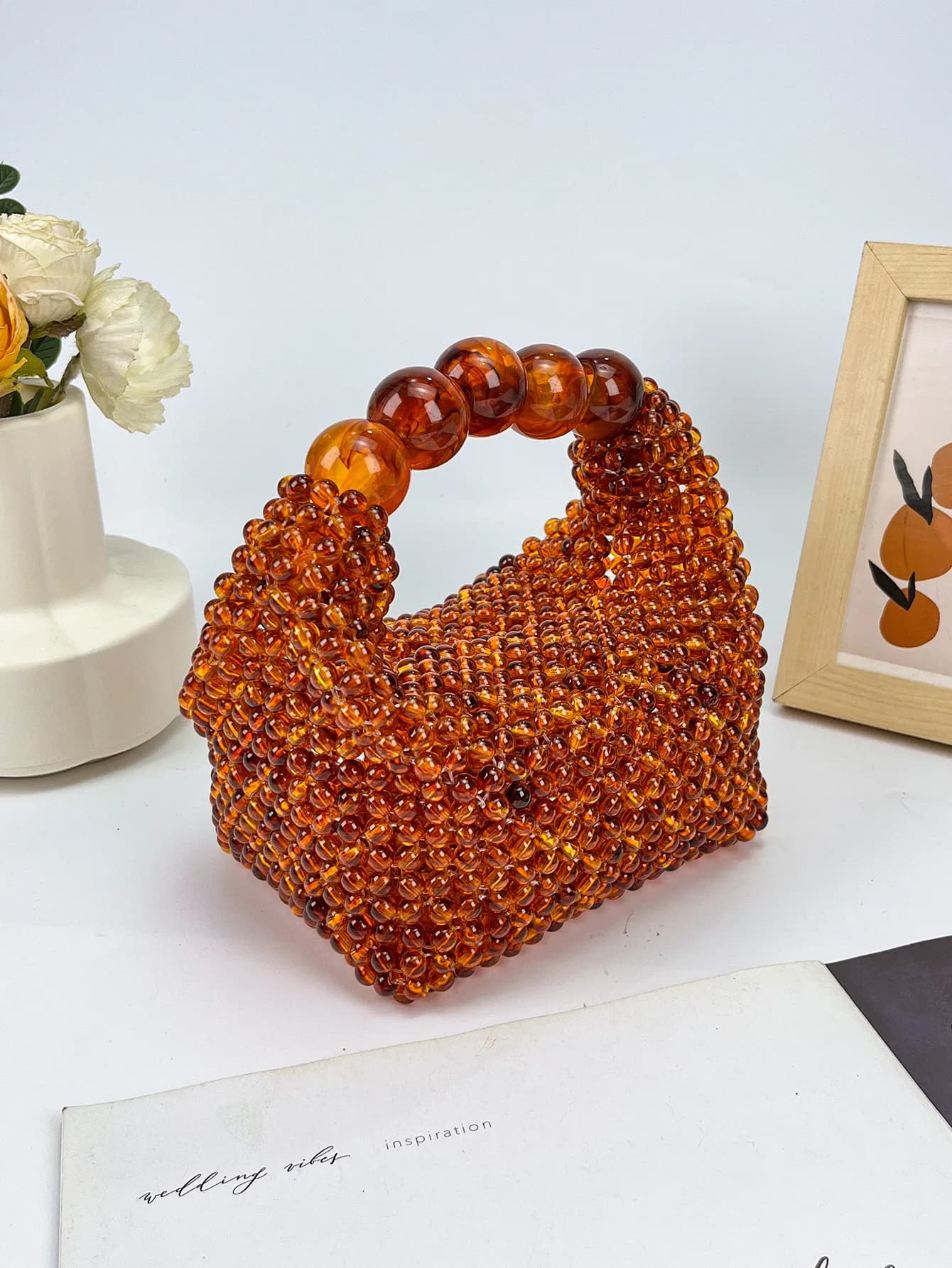 Handmade Beaded Handbag For Women Wooden Bead Bucket Bag Evening Bag Shoulder Bag Beaded Shoulder Bag Female Beach Bag