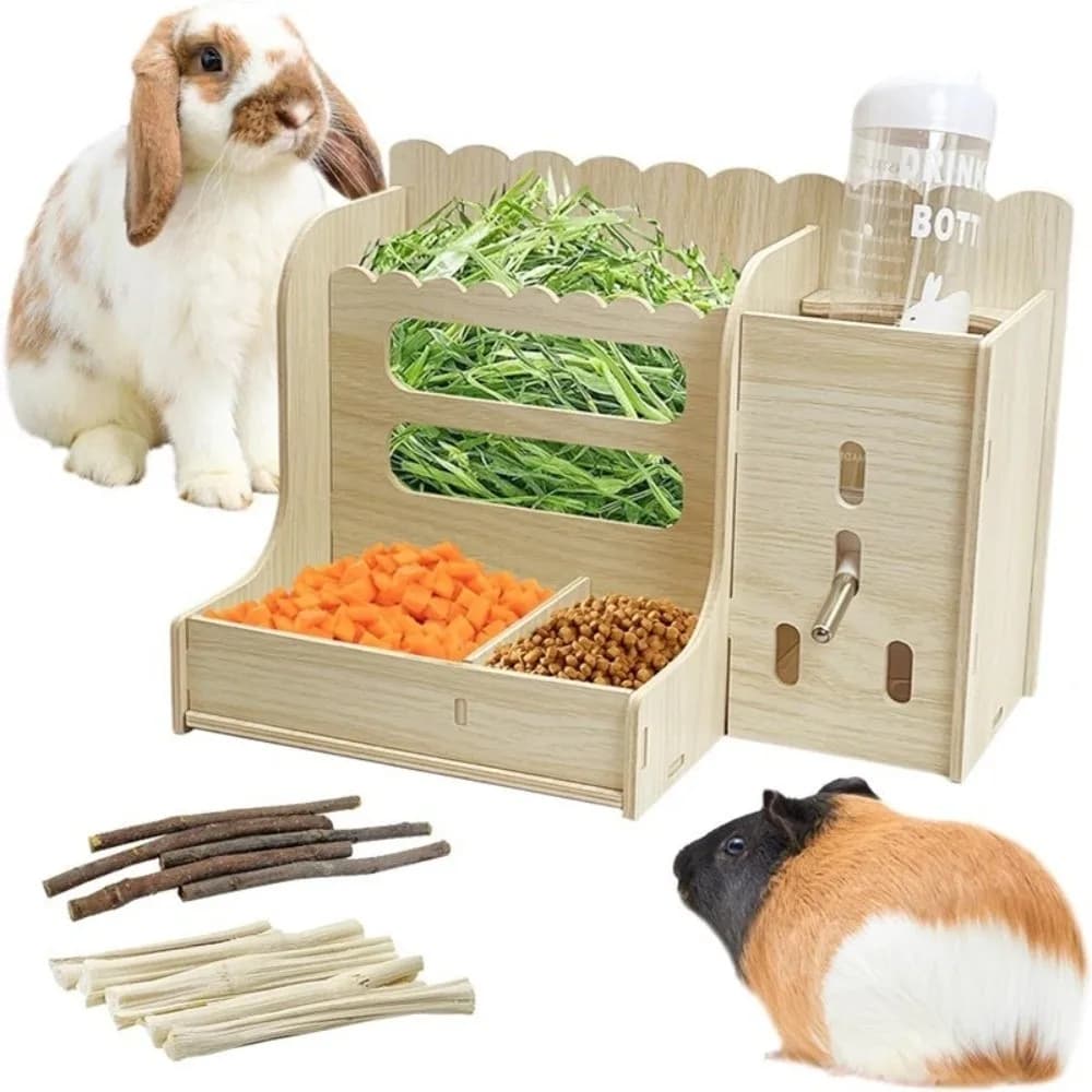 Wooden Rabbit Hay Feeder with Water Bottle