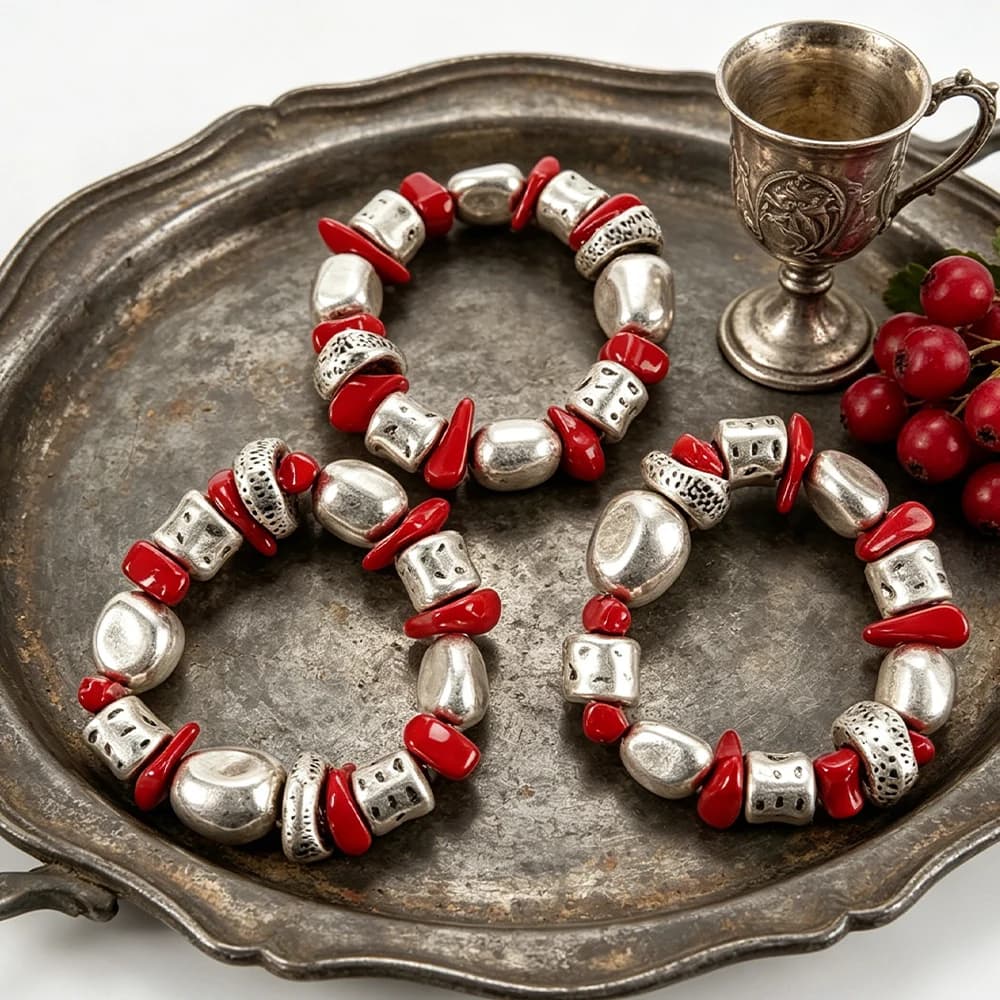 Red and Antiqued Silver Stackable Beaded Bracelet Set