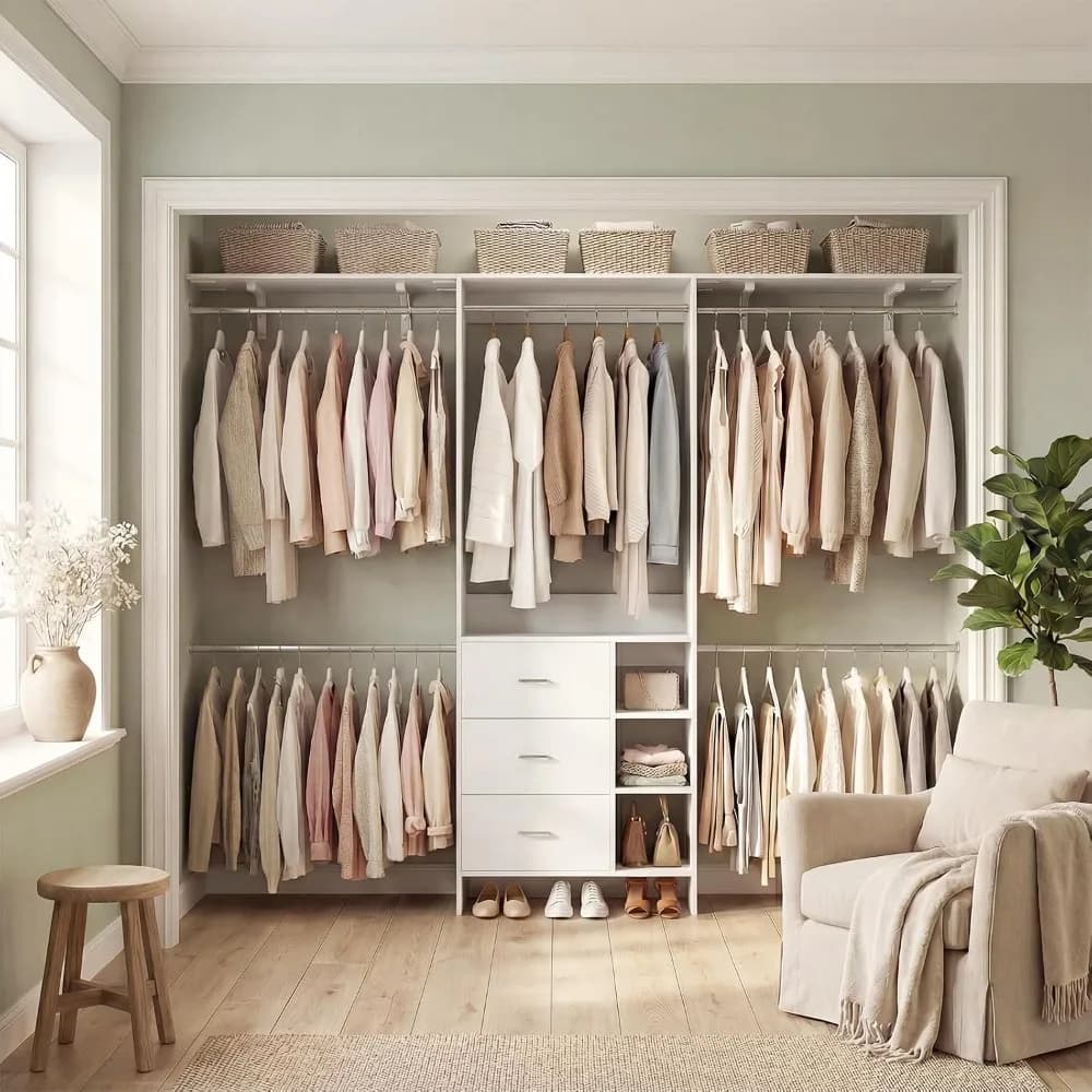Closet Organizer with 3 Wooden Drawers, 8FT Wardrobe Rack with Hanging Rods, Fits 5.3-9 ft, White