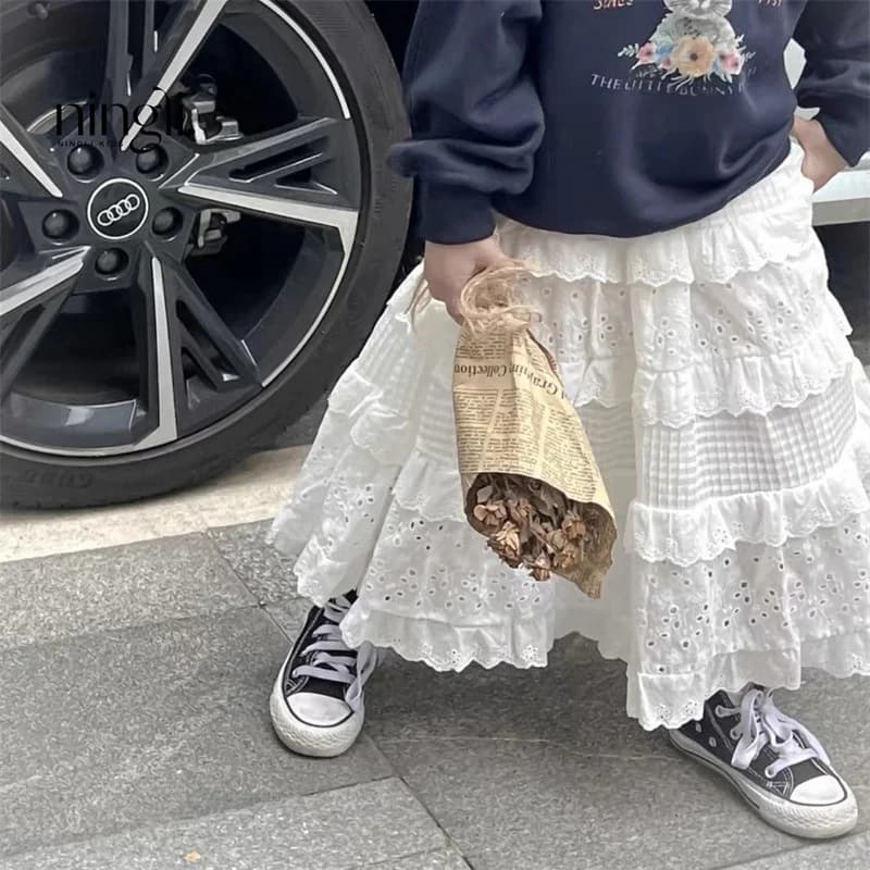 Girls Lace Layered Long Skirt White