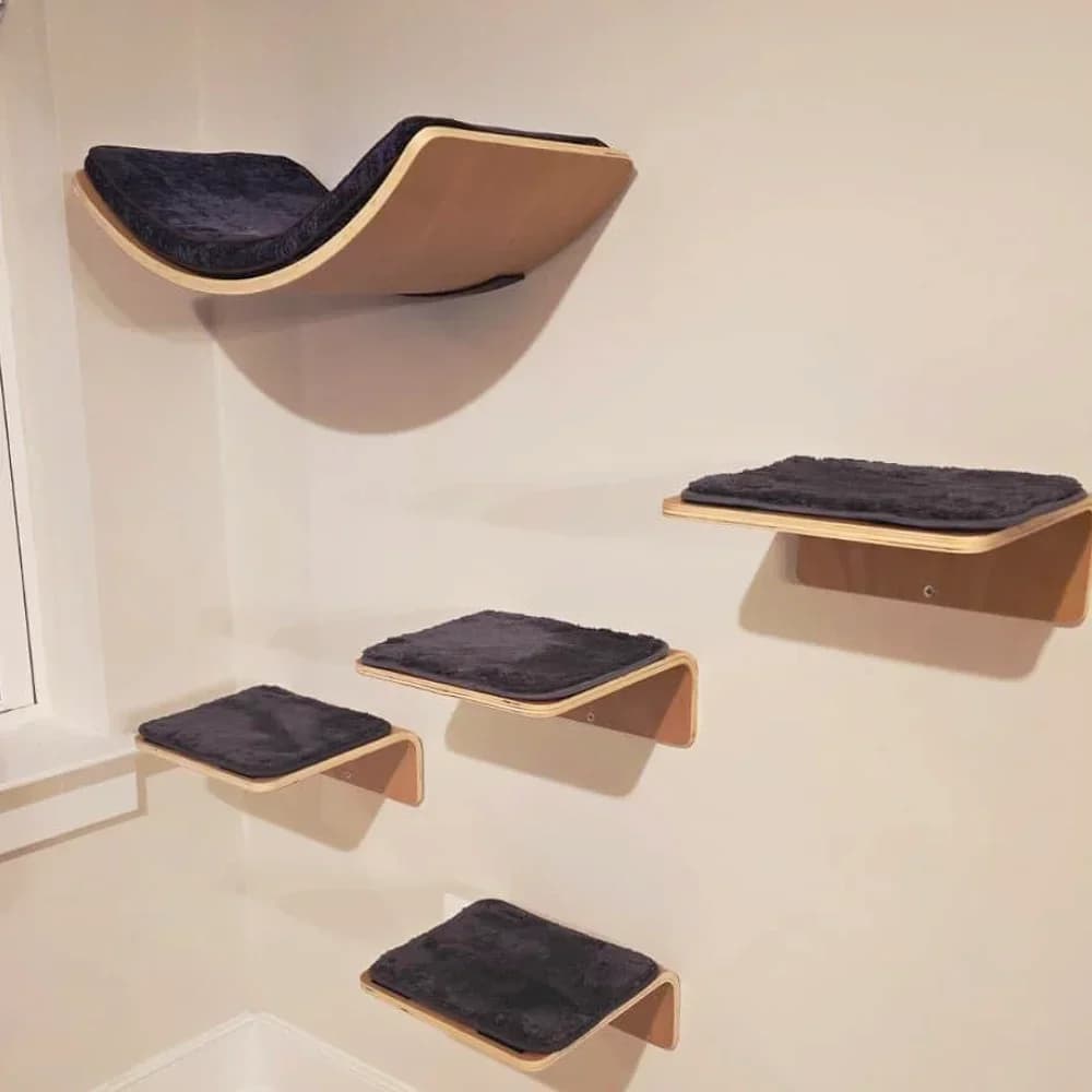 Wall-Mounted Cat Tree with Hammock and Stairs