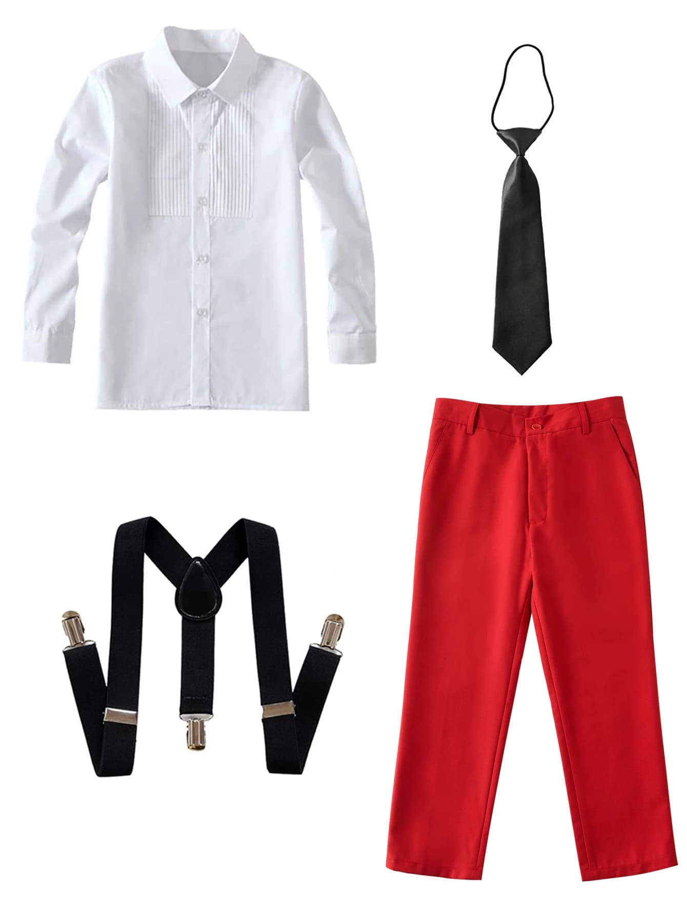 4pcs/set Boys' Suit Set With  Shirt , Pants  Tie And Straps School Uniforms