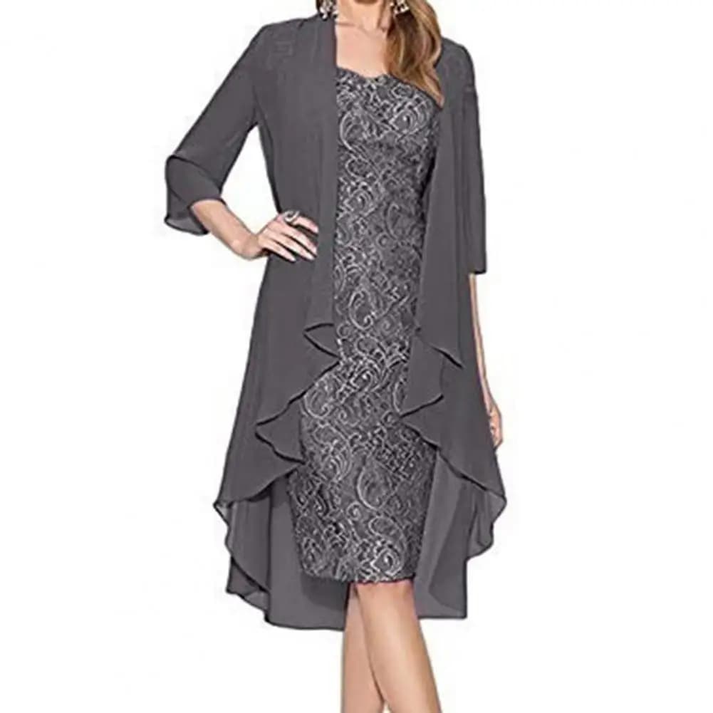 Elegant Lace Flower Pattern Dress with Cardigan