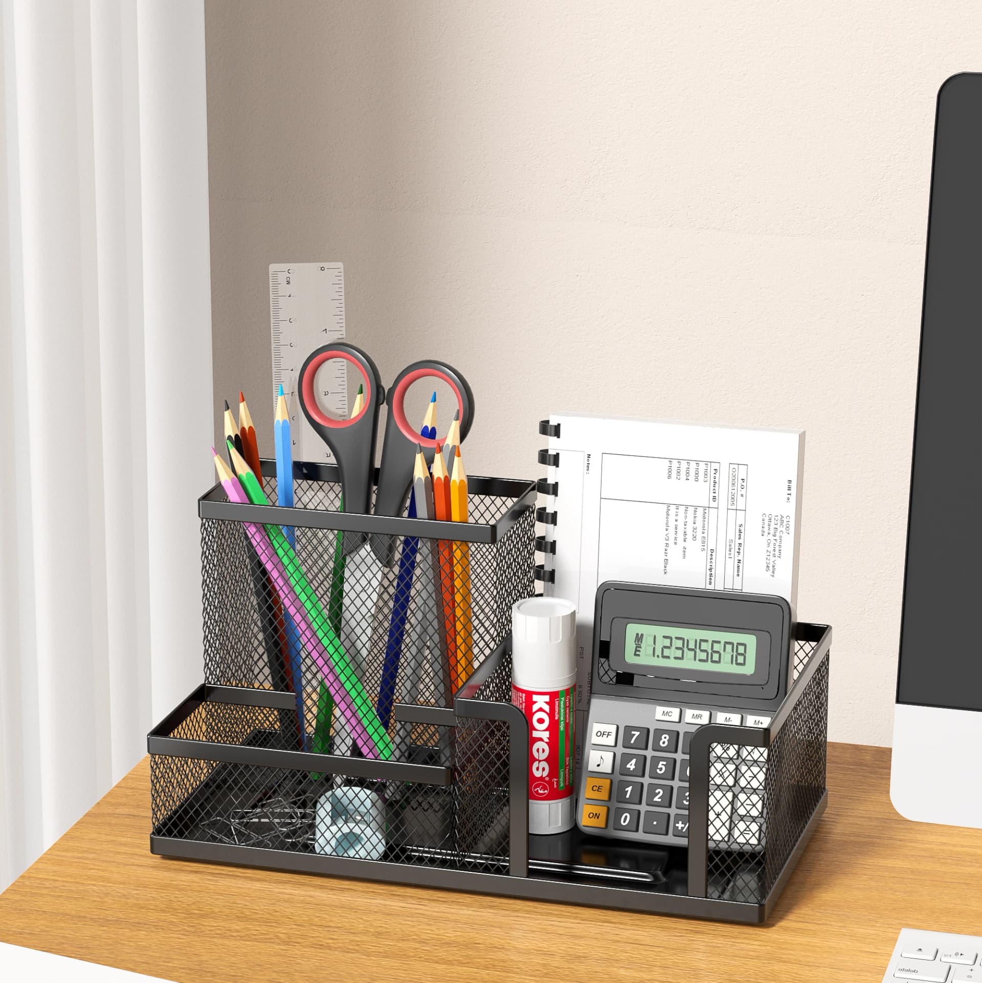 Mesh Desk Organizer Office Supplies Caddy with Pencil Holder and Storage Baskets for Desktop Accessories, 3 Compartments, Black