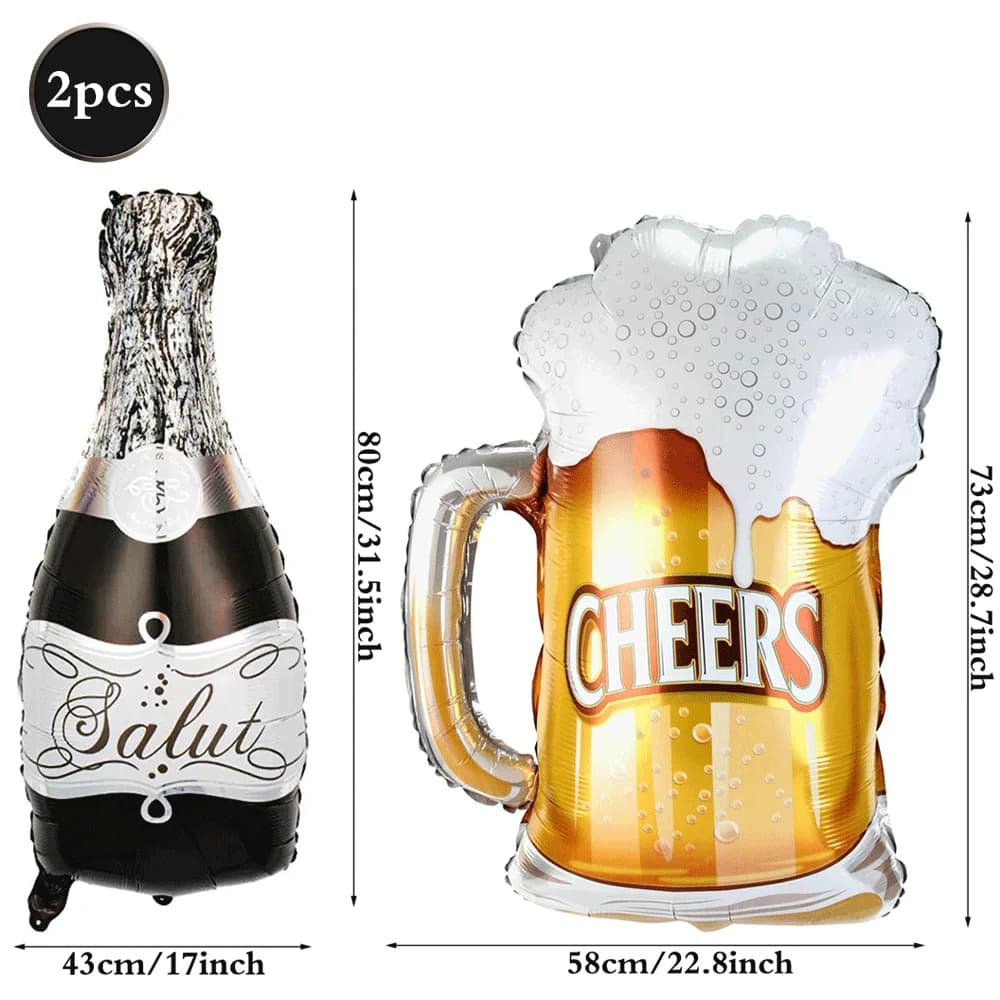 Adult Birthday Party Decor Large Champagne Foil Balloons Beer Mug Helium Globos for Men Women Black Gold Happy Birthday Banner