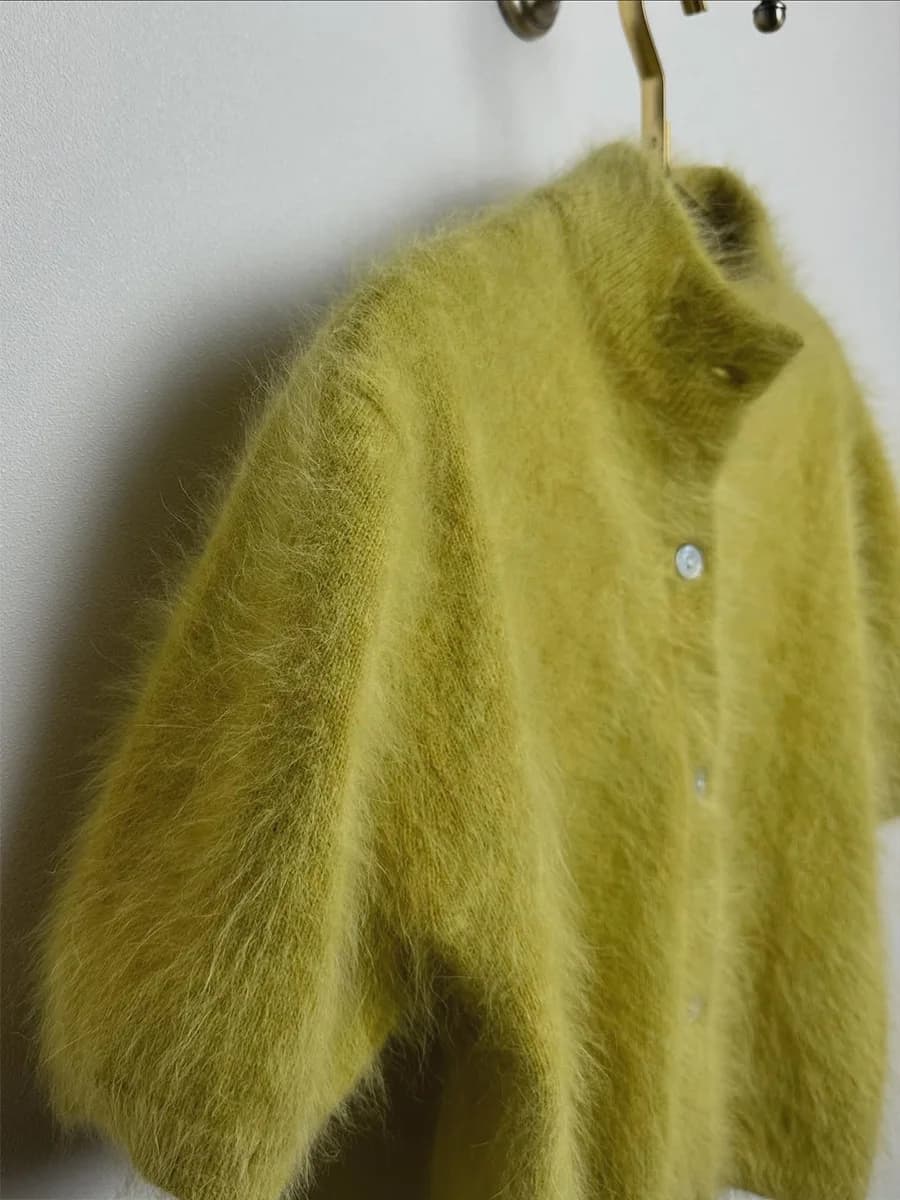 Women Fall Winter Fashion Vintage Half High Neck Slim Short Sleeve Knitted Cardigan Sweater