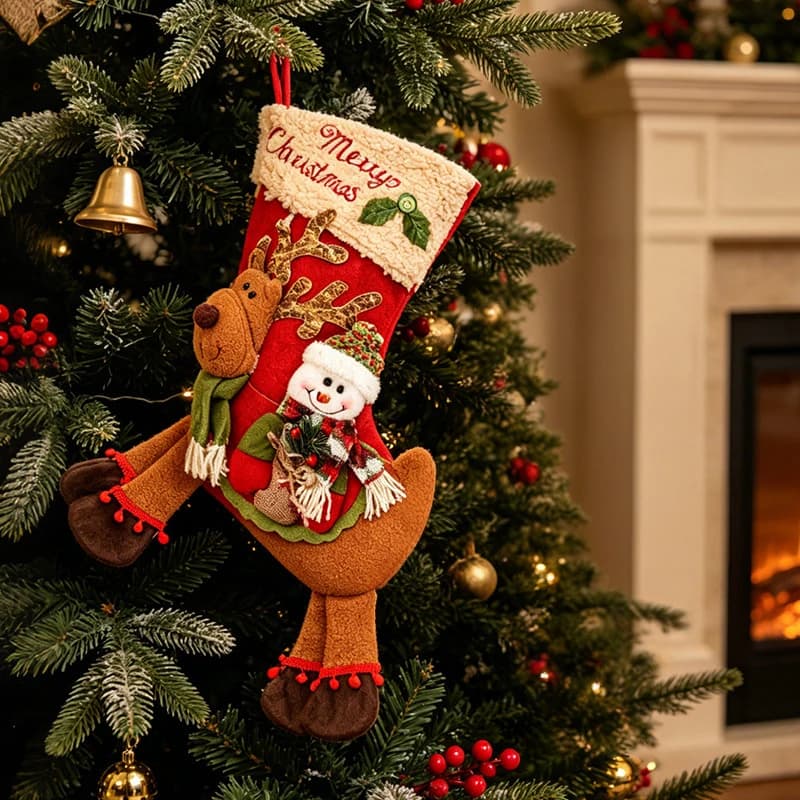 Plush Christmas Stocking with Santa and Reindeer