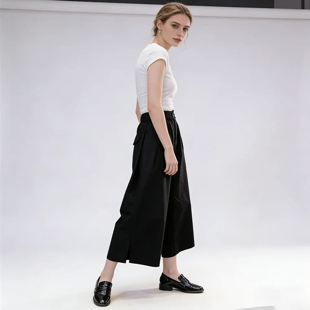 Black Wide Leg Casual Trousers with Pockets