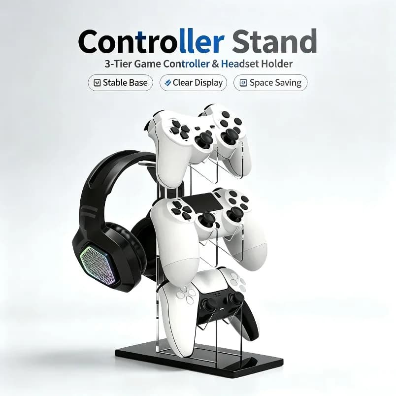 Gaming Accessories 3 Tier Controller Stand Headphone Hanger Game Storage Rack Space Saving for PS5 PS4 Desktop Setup