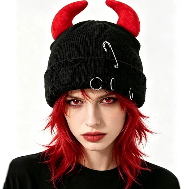 Devil Horn Knit Beanie with Ring Pin