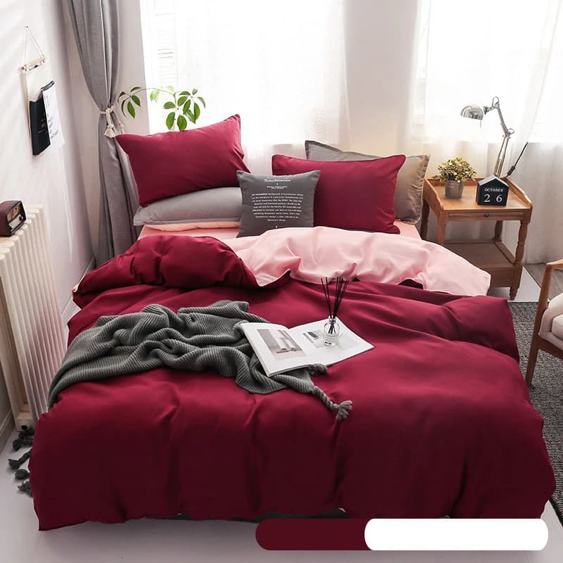 Simple Solid Sanding Bedding Set 4Pcs Two-Color Soft Bedclothes for Four Seasons Skin-Friendly Bedroom Decor for Adult Students