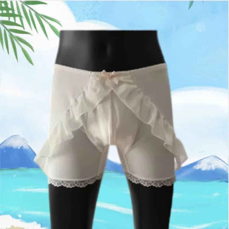 Men's Boxer Briefs Sexy Ruffle Lace Trim Satin Underwear With Bow Decor Soft Breathable Mid Rise Boxers