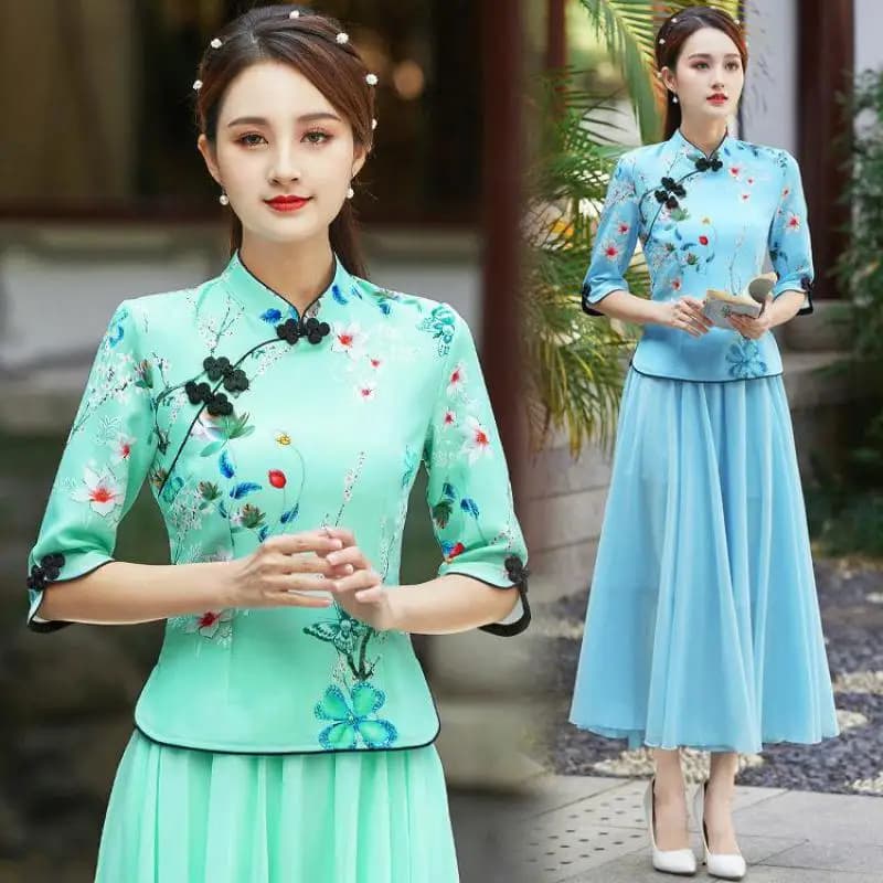 Embroidered Qipao Cheongsam Top with Pants Set