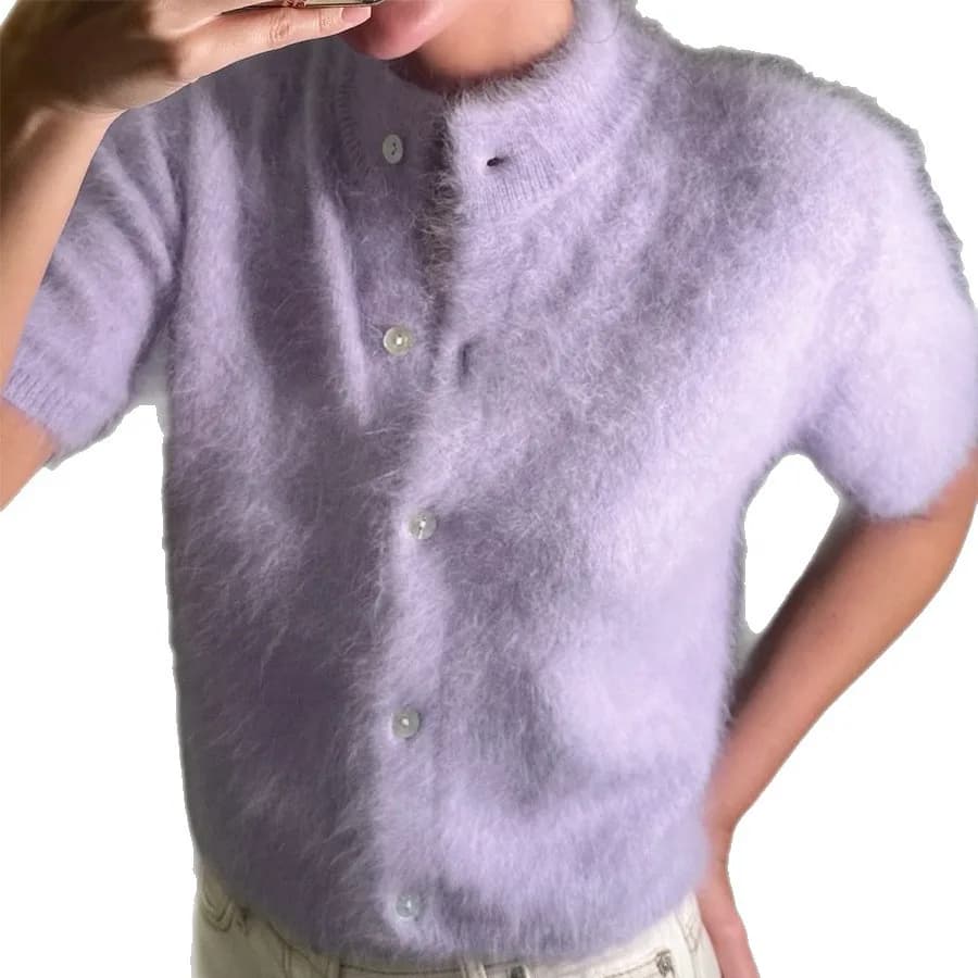 Women Fall Winter Fashion Vintage Half High Neck Slim Short Sleeve Knitted Cardigan Sweater