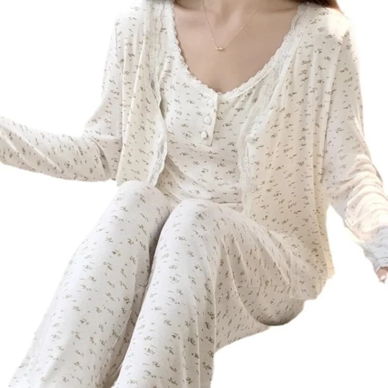 Women's Floral Lace Three-Piece Pajama Set