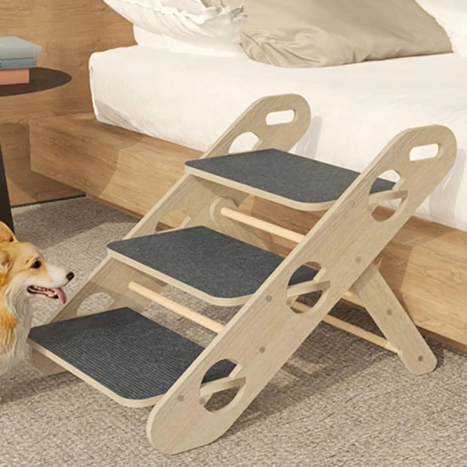Folding Pet Stairs Wood 3-Step Ramp