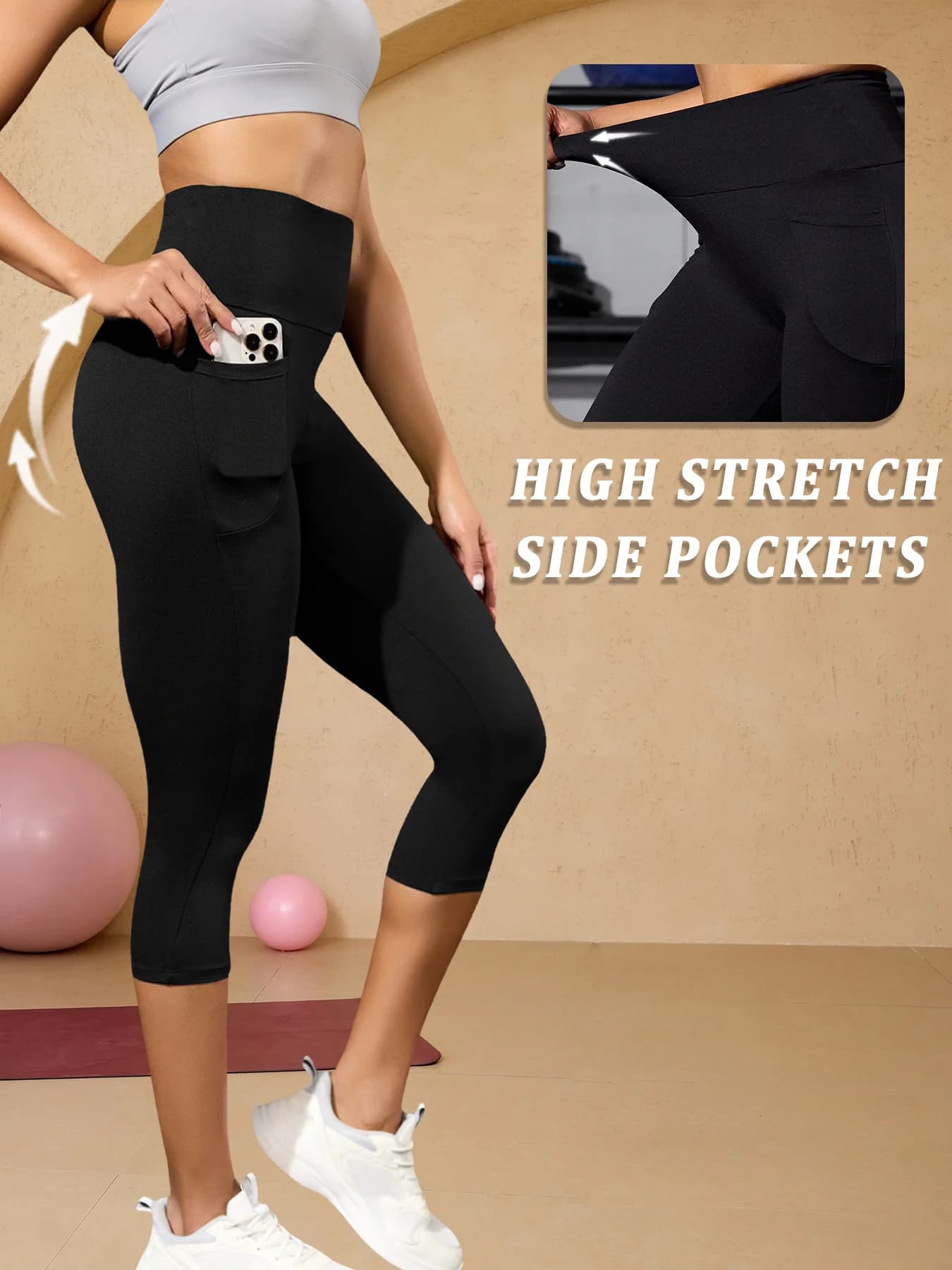 High-Waisted Workout Capri Pants with Pockets