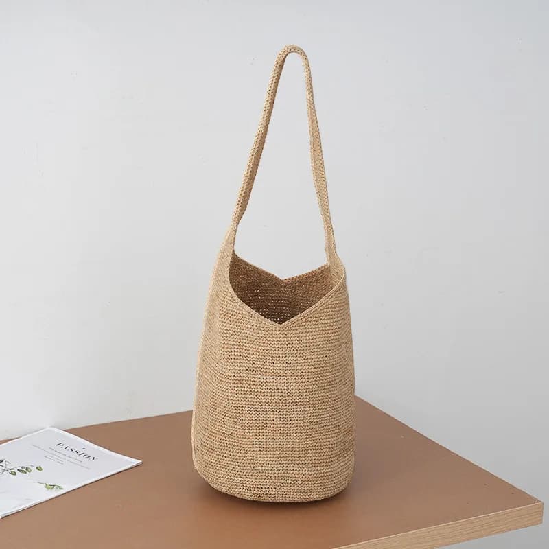 Handwoven Straw Bucket Bag Women Boho Style Large Capacity Shoulder Tote Summer Beach Vacation Handbag Casual Daily Commuter Bag
