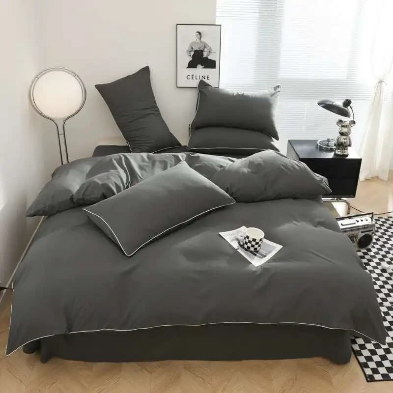 Black Bedding Set - Minimalist Queen/King Size Quilt Set 100% Cotton Plain Bed Cover Full Set (Includes Pillowcases)​