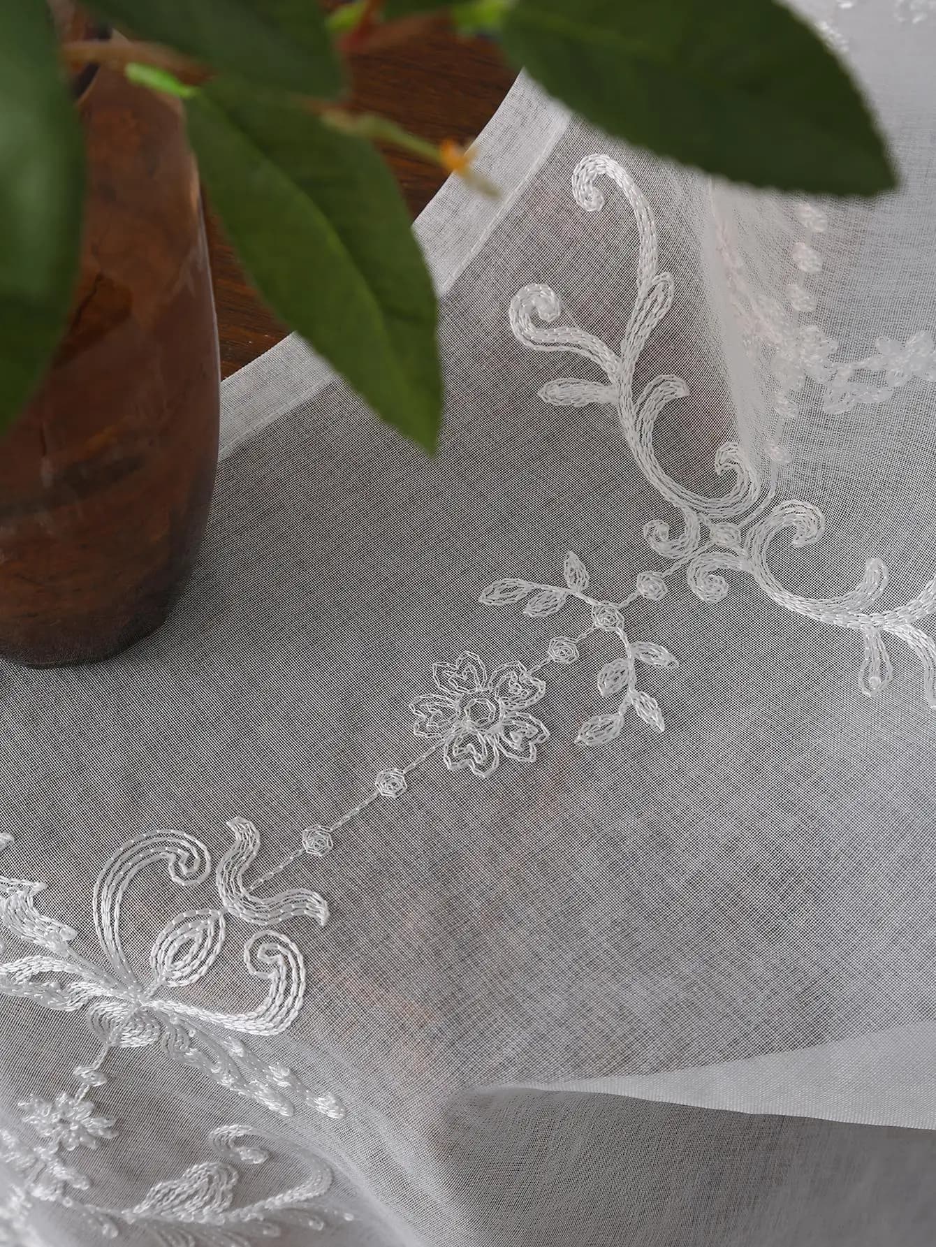 White Embroidered Floral Voile Sheer Curtains