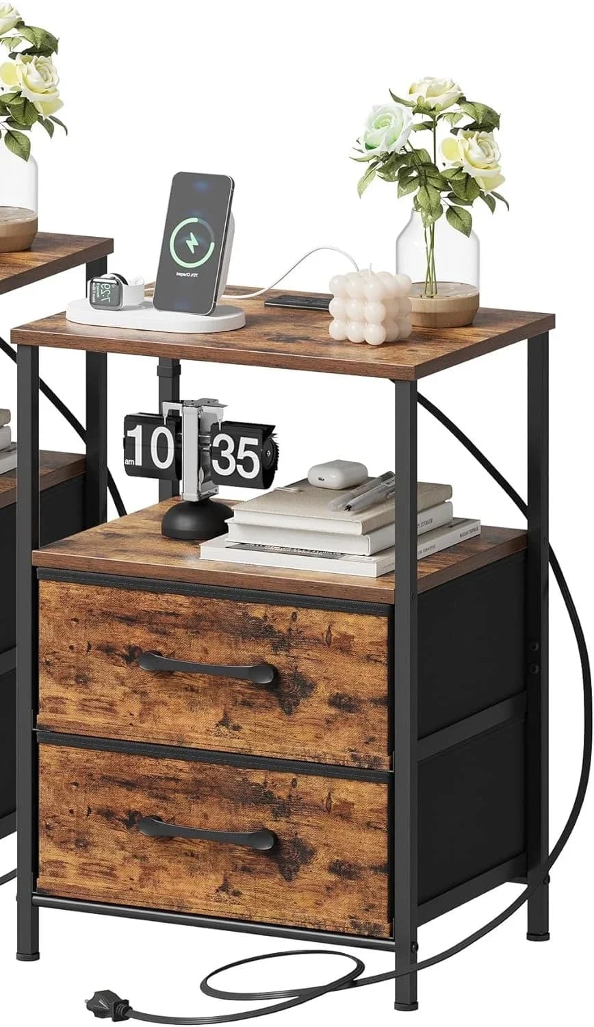 Nightstands Set Charging Station Cool Lights Bedside Table Fabric Drawers Bedroom Small Side End Table With Open Shelf Greige