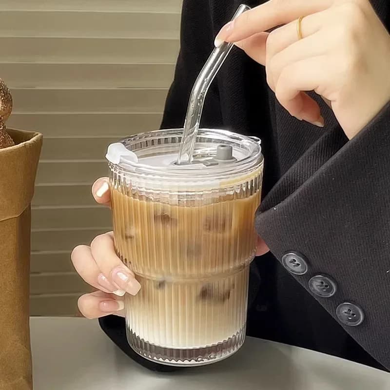 Glass Cup with Lid and Straw Set