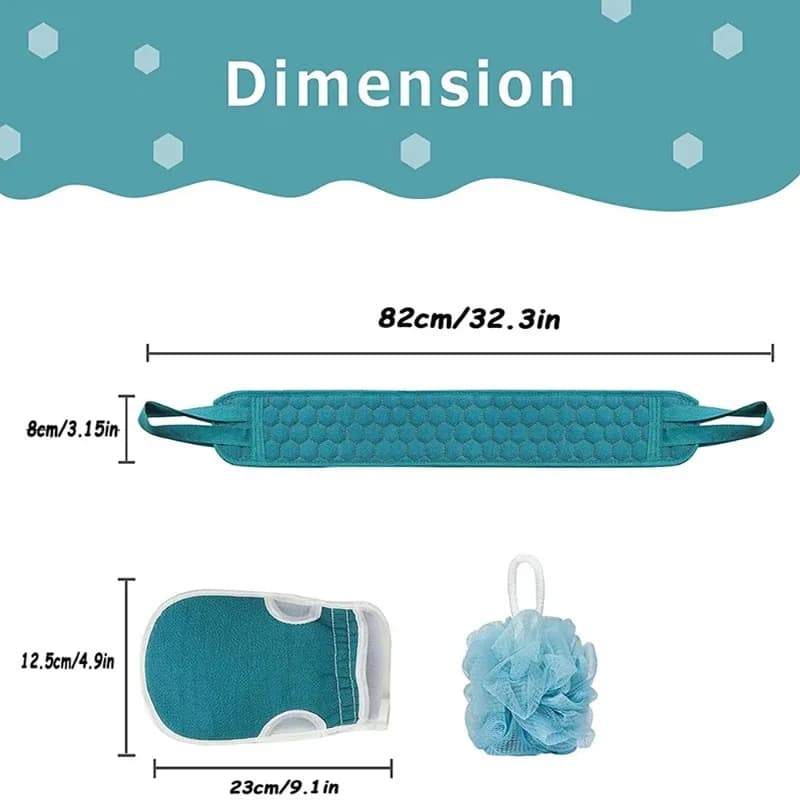 Fashion Bath Towel 3-Piece Set Includes Back Scrubber, Bath Glove and Shower Bath Sponge Loofah