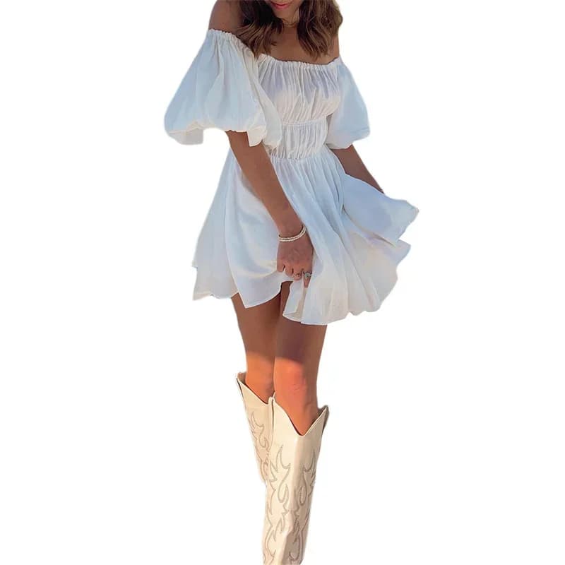 Women's Off-Shoulder Puff Sleeve Summer Tunic Dress
