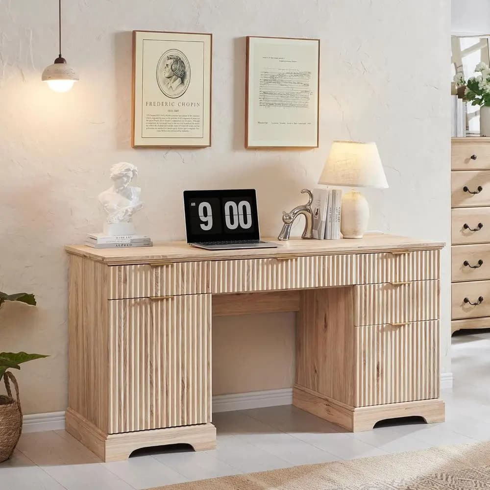 Oak Wood Executive Desk, 5 Drawers & 1 Cabinet, Built-in Outlet | Home Office Desk for Computer, Writing, Living or Bedroom Use