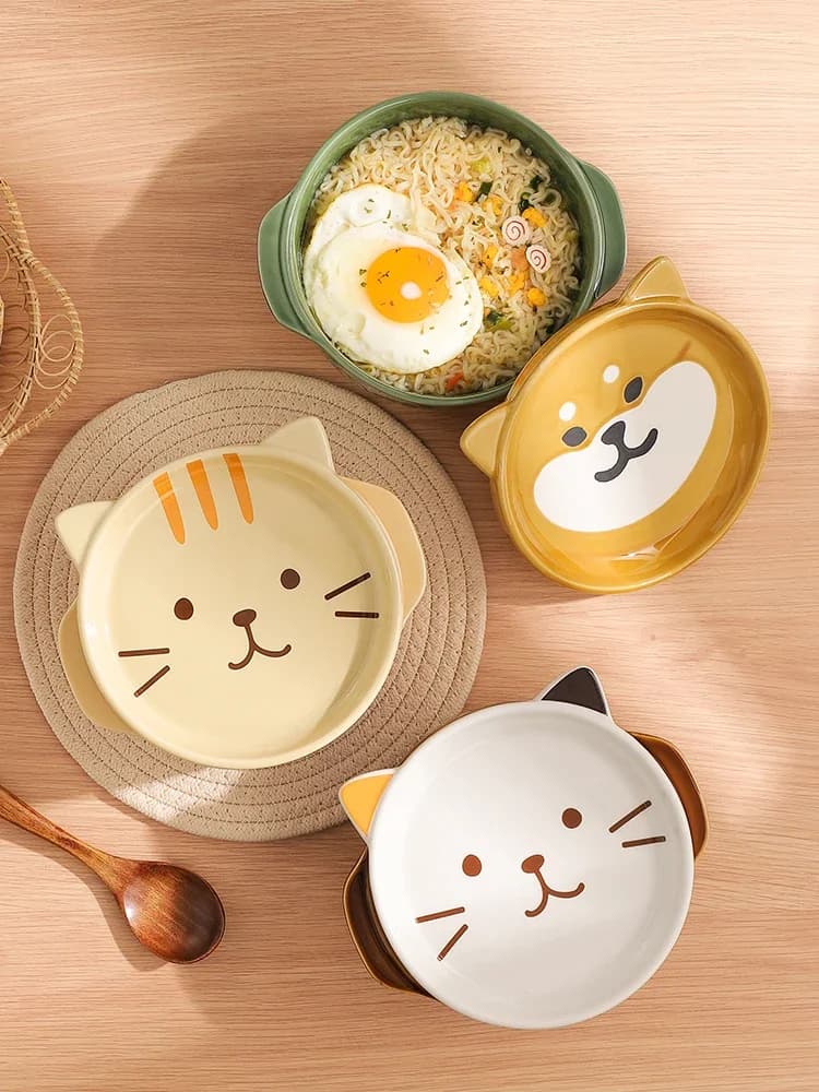 Ceramic Cat and Dog Noodle Bowls with Lids