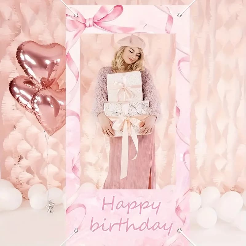 Sweet Pink Bow Happy Birthday Party Photo Booth Props - Birthday Photo Background Banner