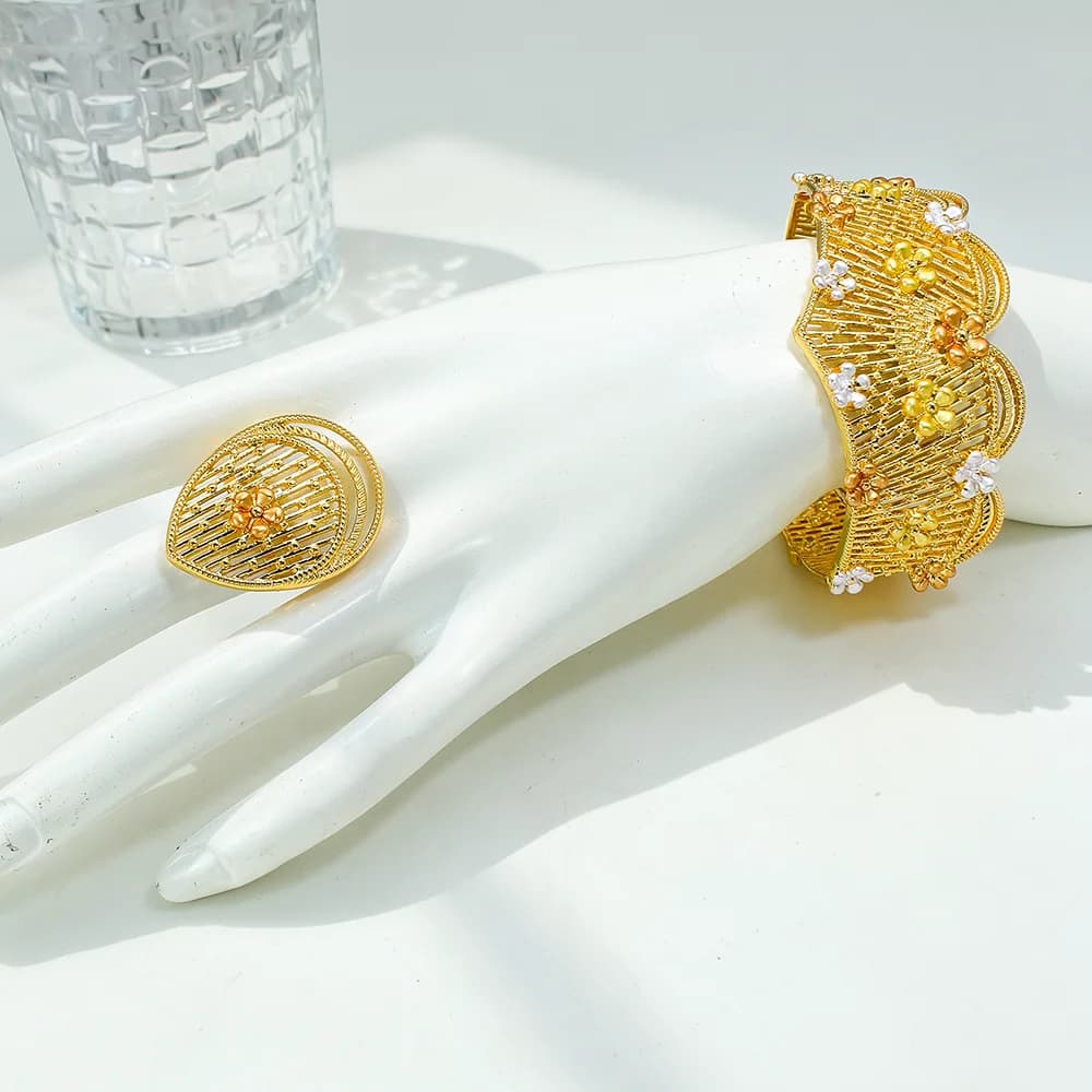 Jewelry Set For Women Tricolor Plating Luxury Design Necklace Earrings Bangle And Ring Full Set Jewelry Wedding Party Gift
