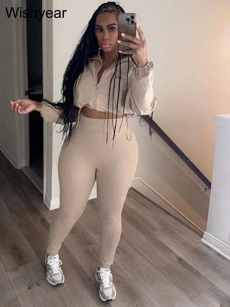 Khaki Crop Jacket and Leggings Tracksuit