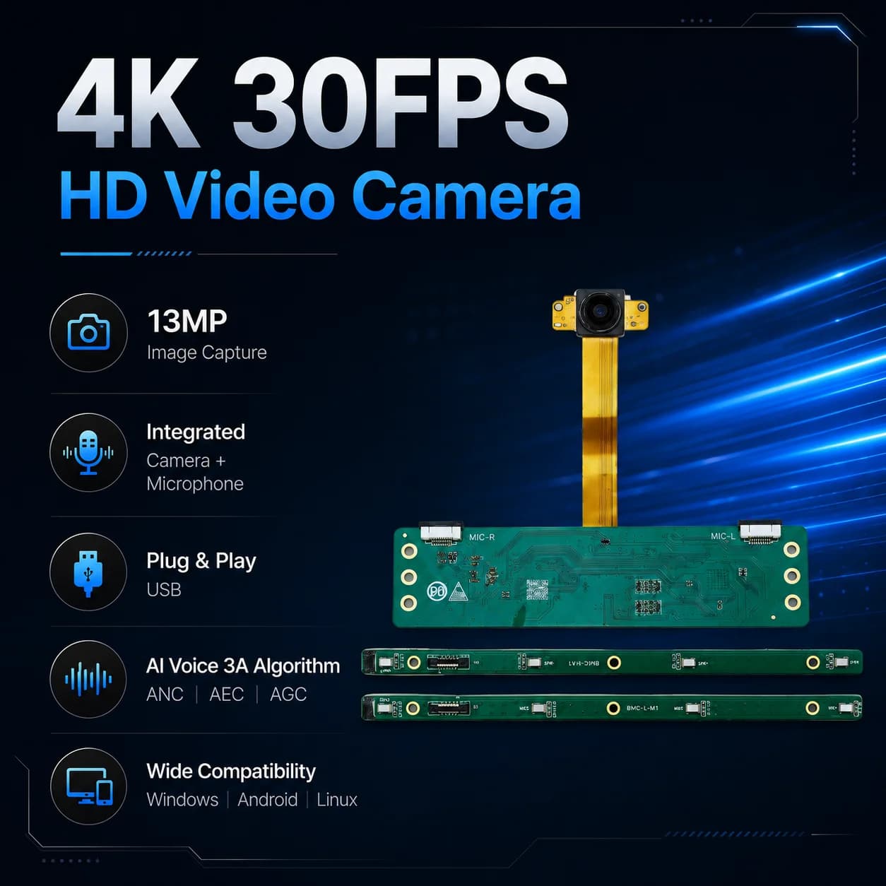 4K Video Conference Camera Module with 8Mic Array