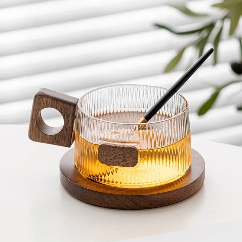 Walnut Wood Coffee Cup Set with Tray and Spoon