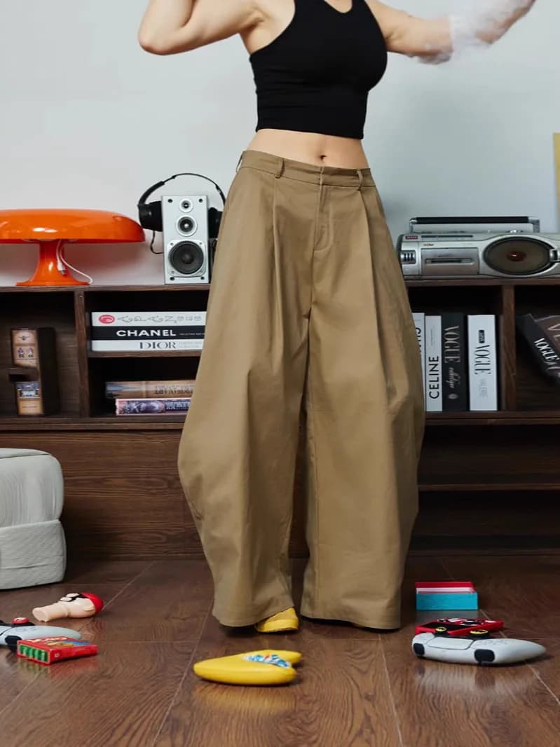 Khaki Pleated Wide Leg Balloon Pants
