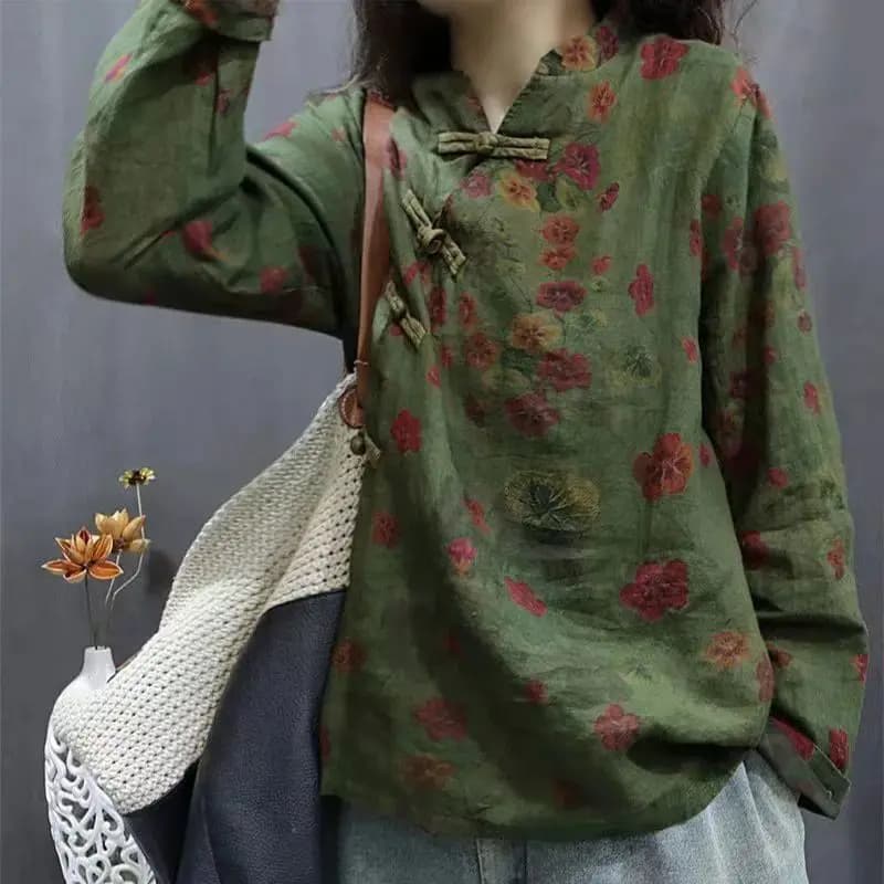 Ethnic Floral Slant Collar Blouse