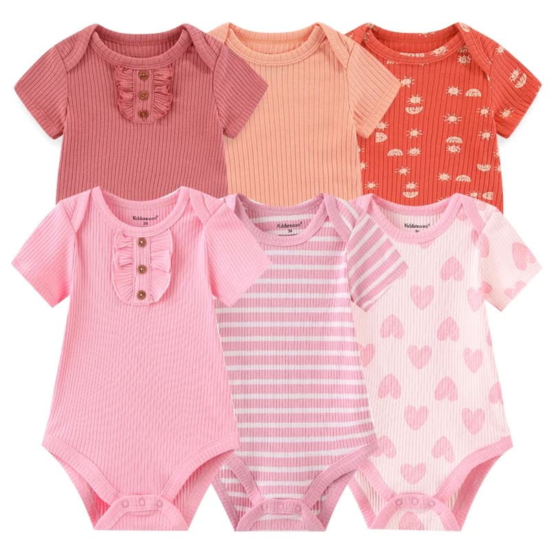 Newborn Bodysuits Cotton Cartoon Baby Girl Clothes Set 6Pieces Short Sleeve Baby Boy Clothes Summer Solid Color Bebes