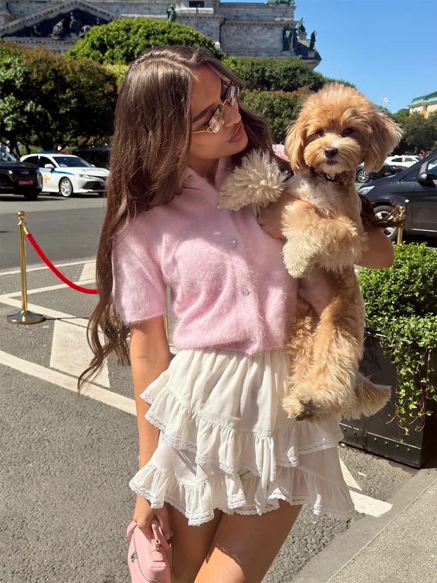 Women Fall Winter Fashion Vintage Half High Neck Slim Short Sleeve Knitted Cardigan Sweater